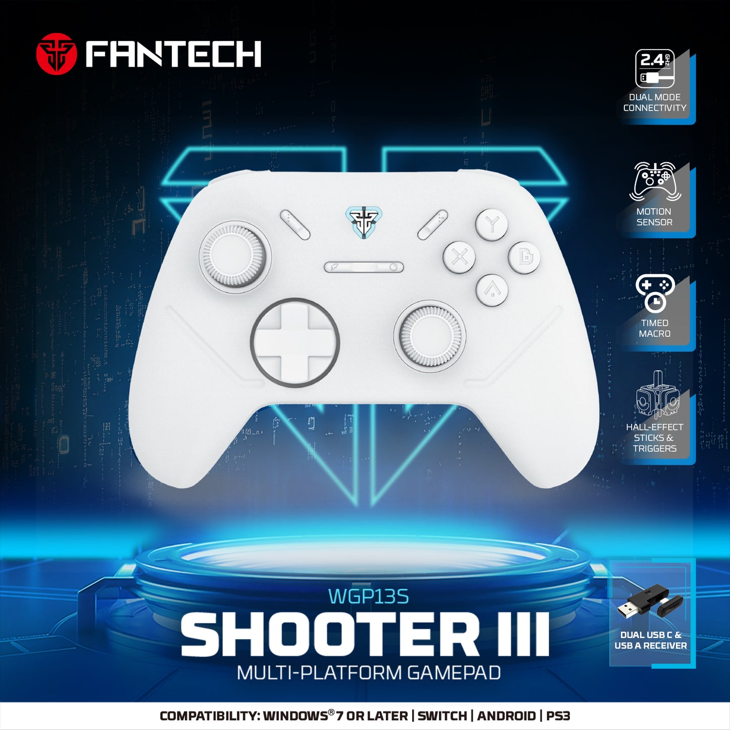 Fantech Wireless Gaming Controller Gamepad Vibration Turbo Mode for Windows PC / PS3 (WGP13S)(White)