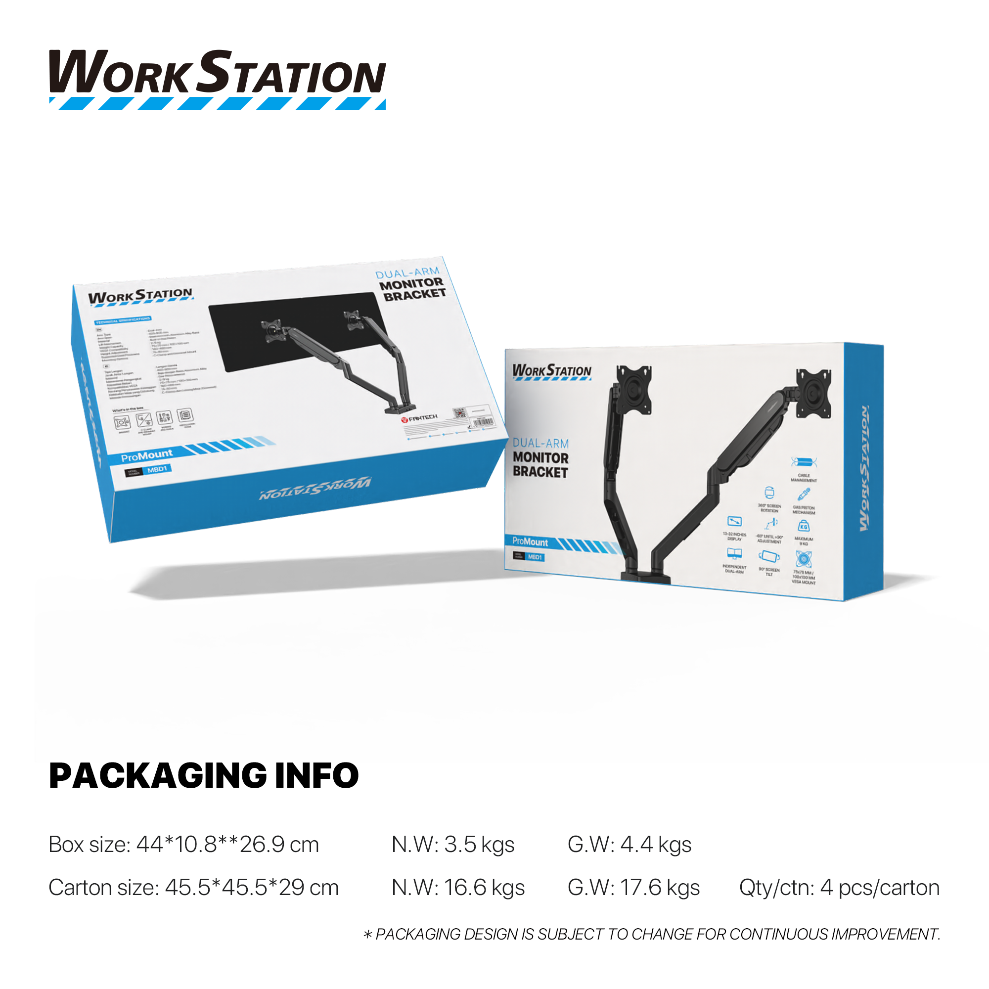 WorkStation MBD01 Dual-Arm Monitor Bracket 90 degree tilt for 13" to 32" Screen