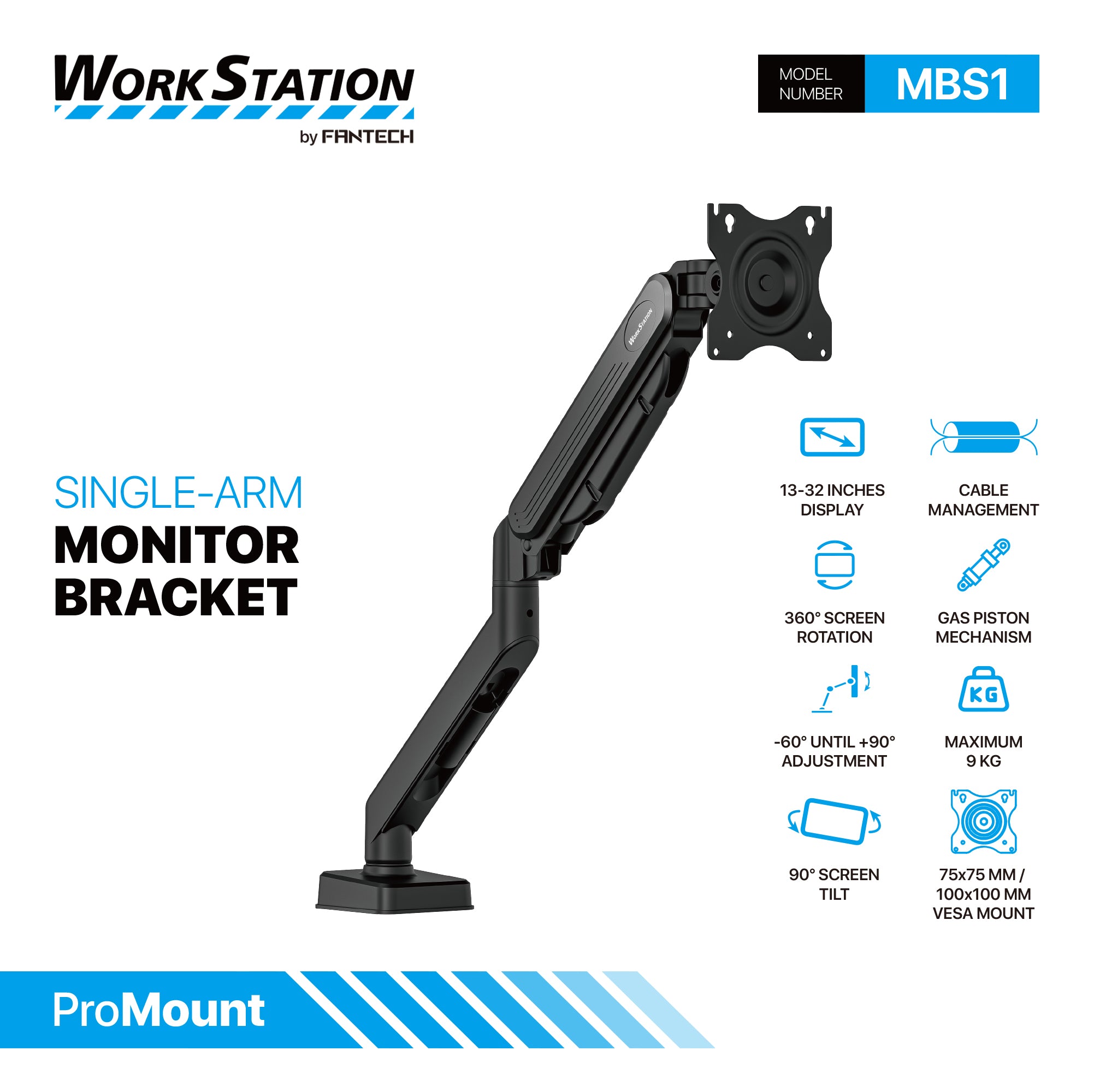 WorkStation MBS1 Single-Arm Monitor Bracket 90 Degree Tilt