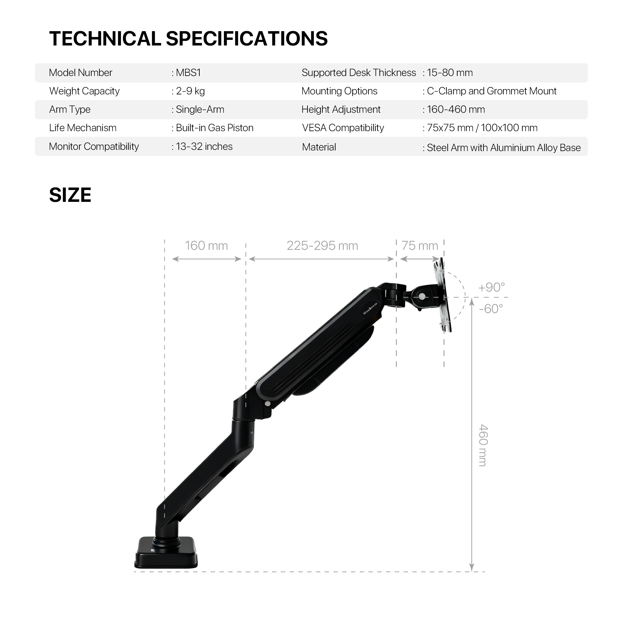 WorkStation MBS1 Single-Arm Monitor Bracket 90 Degree Tilt