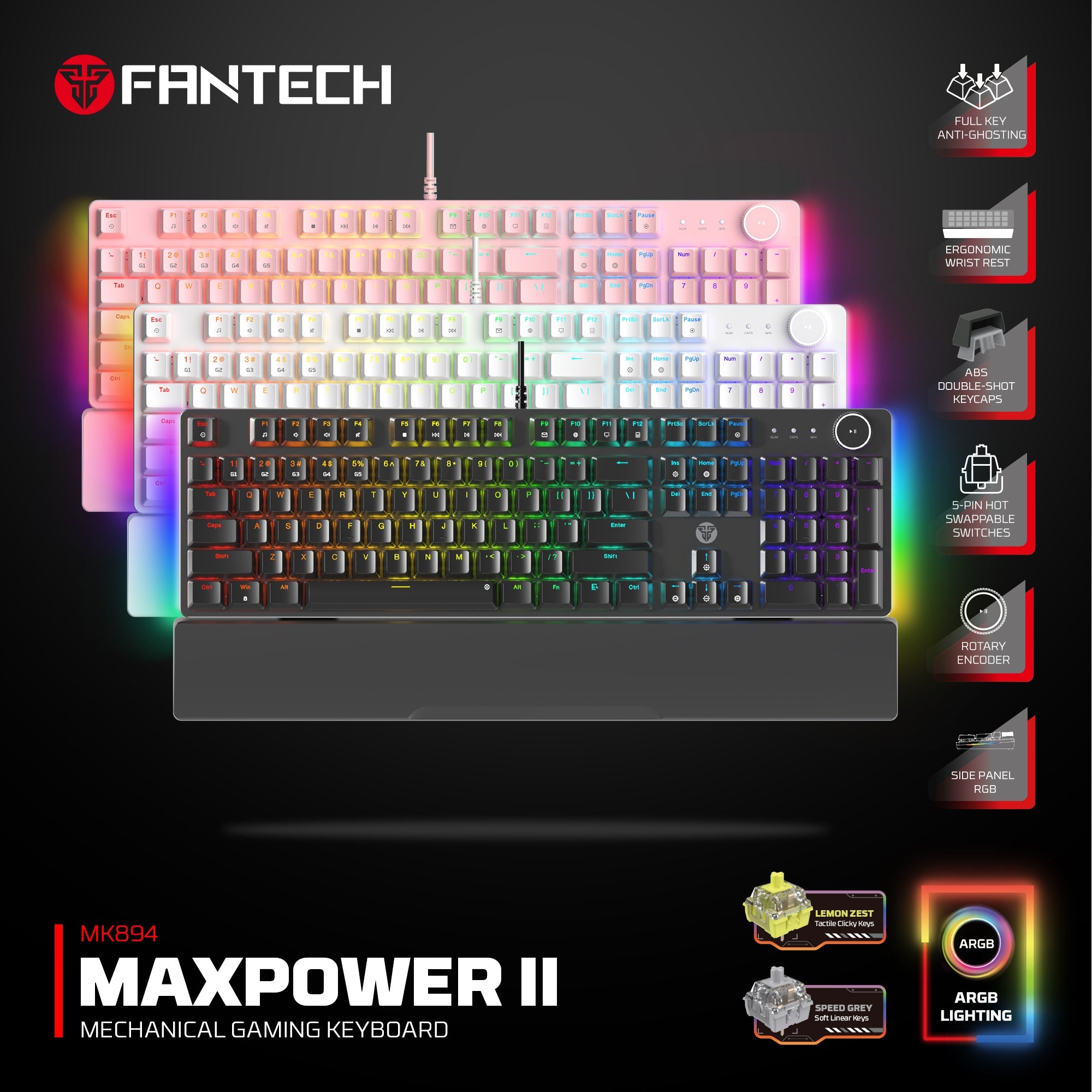 Fantech MAXPOWER II Wired Hot-Swap RGB Backlight Mechanical Keyboard with Wrist Rest