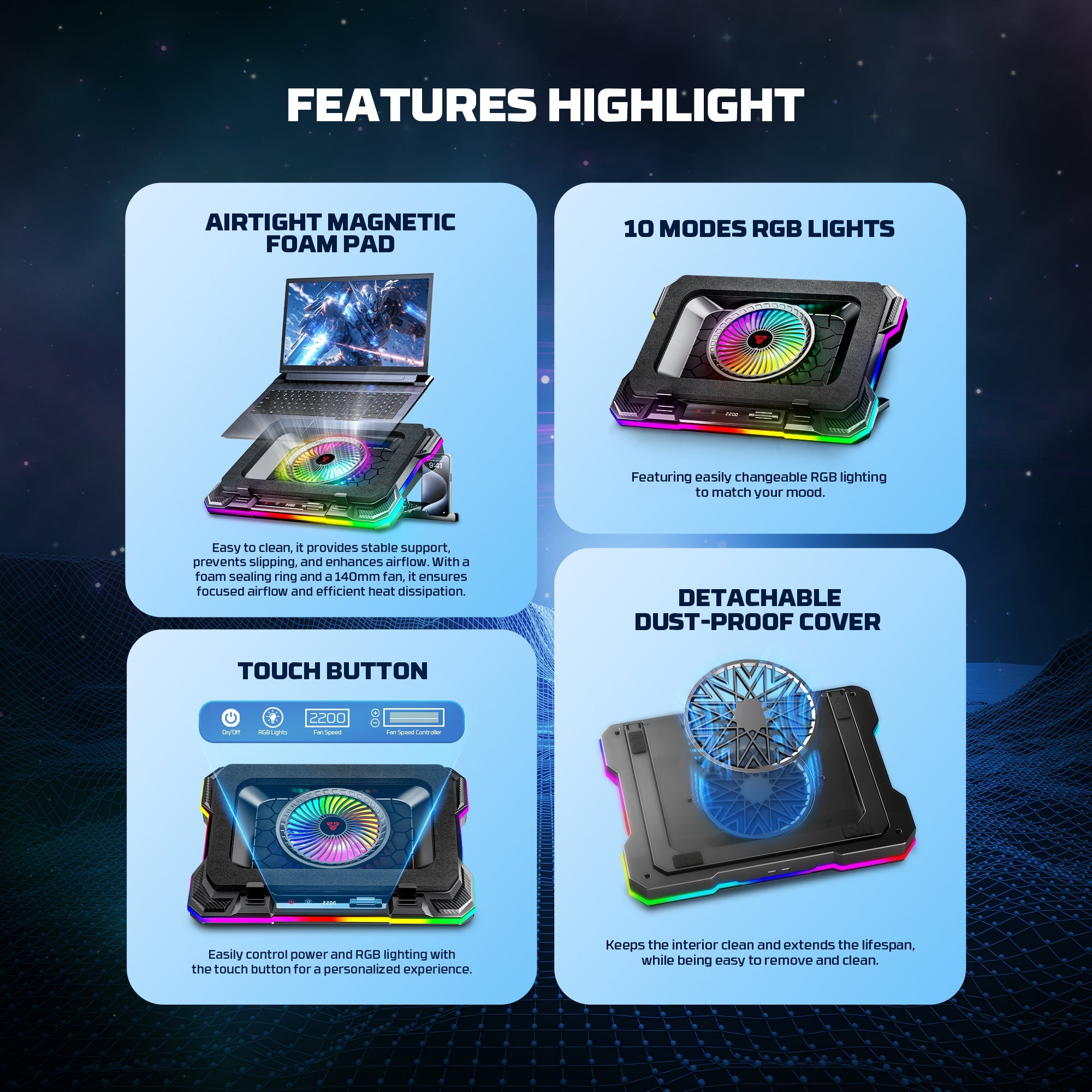 Fantech NC22 RGB Notebook Cooler with Dual USB-A power port and Phone Holder