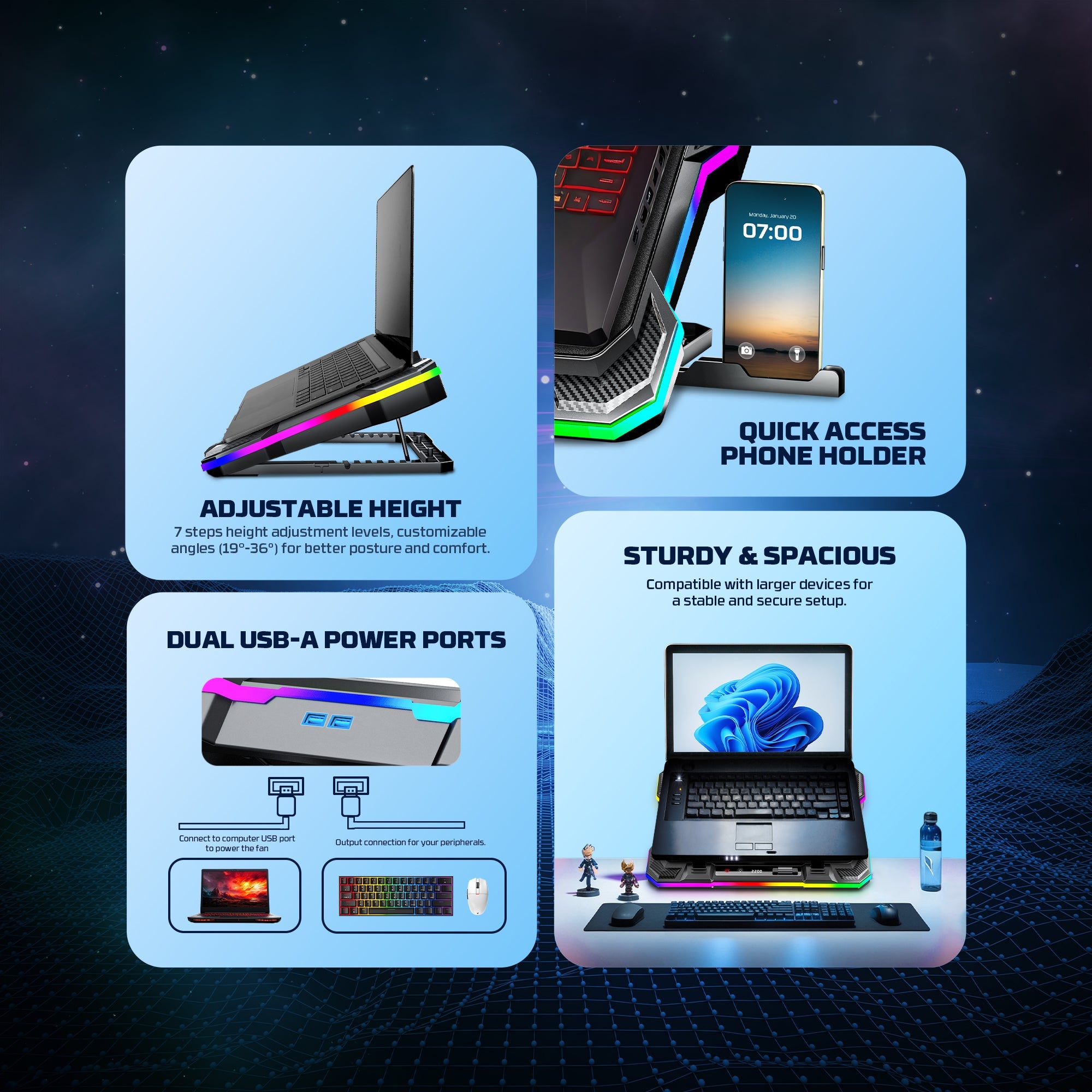 Fantech NC22 RGB Notebook Cooler with Dual USB-A power port and Phone Holder