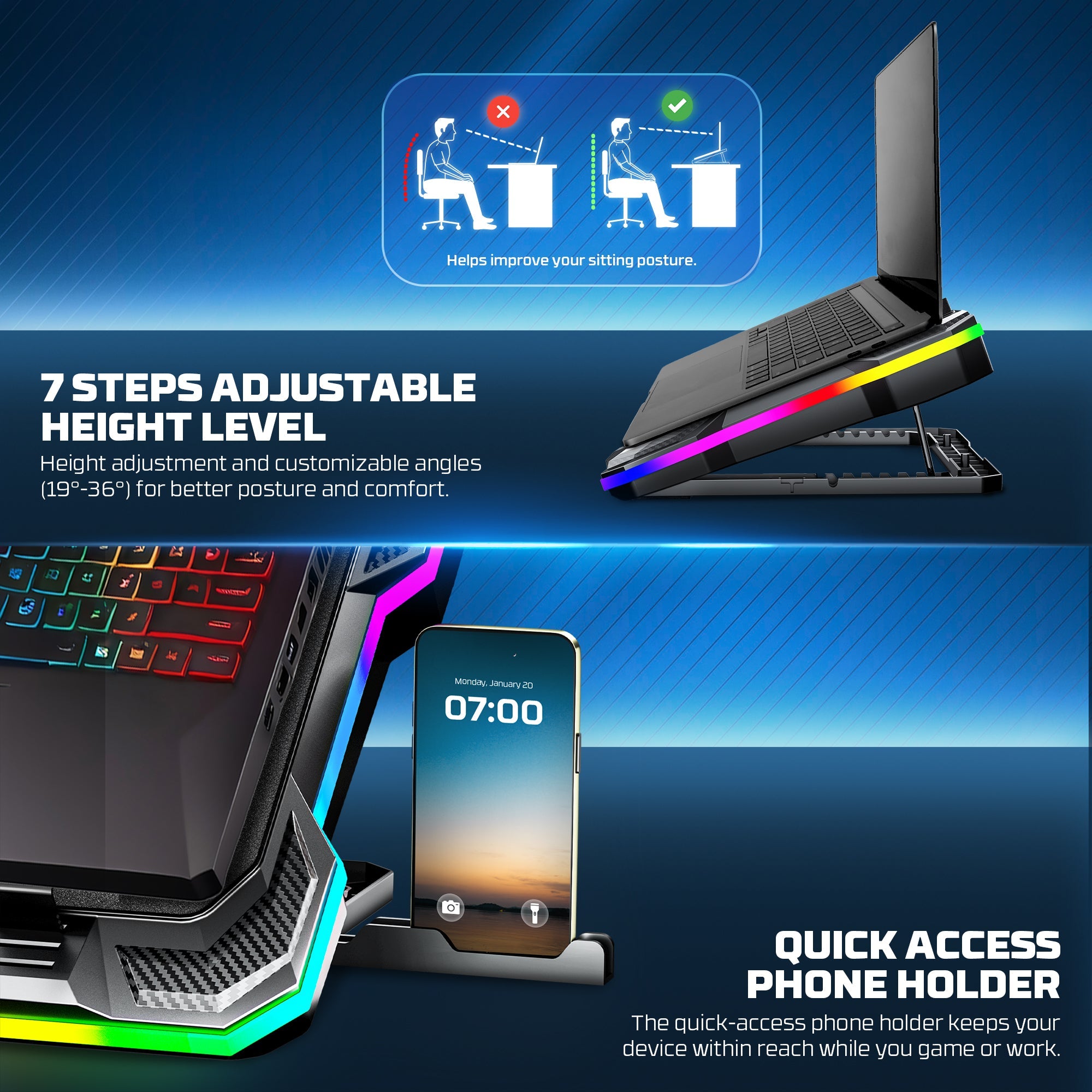 Fantech NC22 RGB Notebook Cooler with Dual USB-A power port and Phone Holder