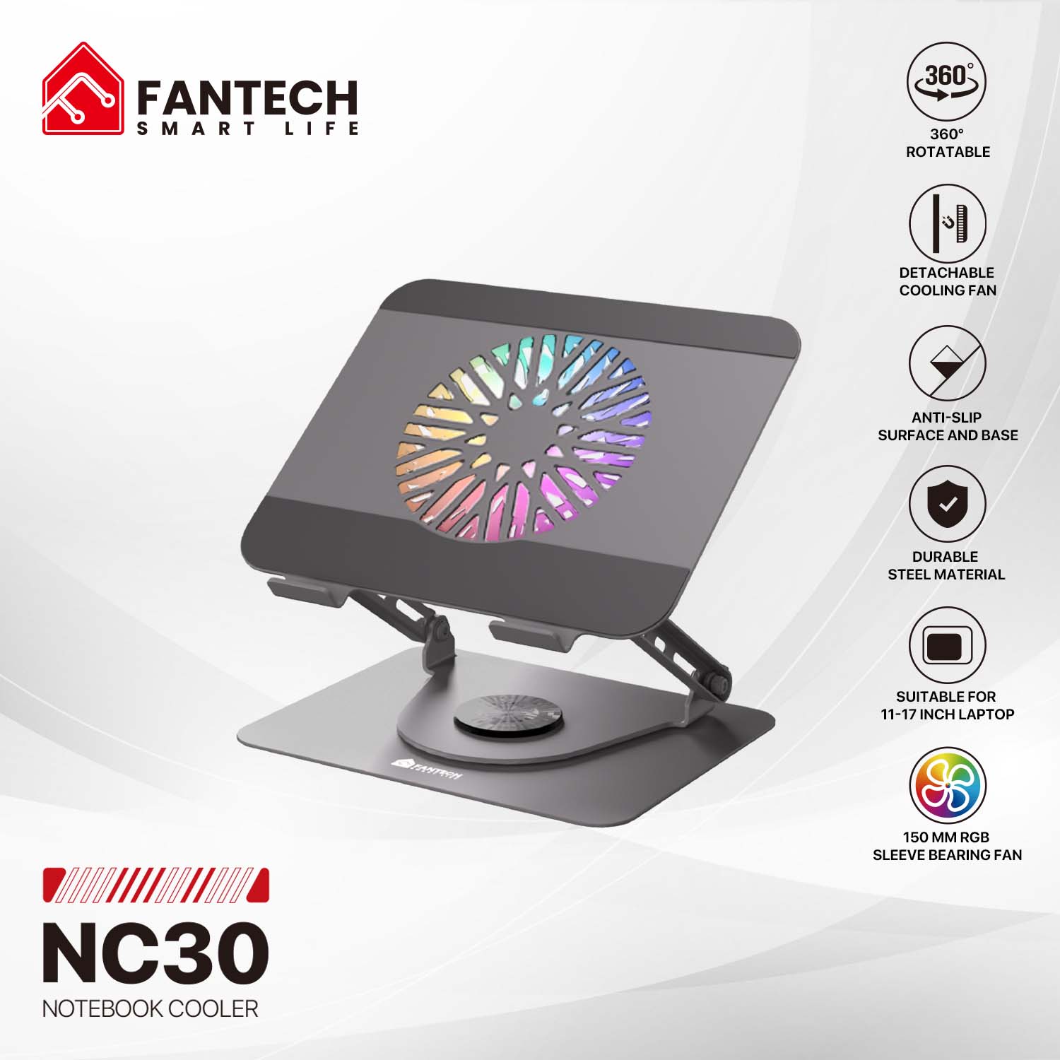 Fantech NC30 Notebook Laptop Cooler RGB Cooling Stand with 360° Rotating Base - Grey