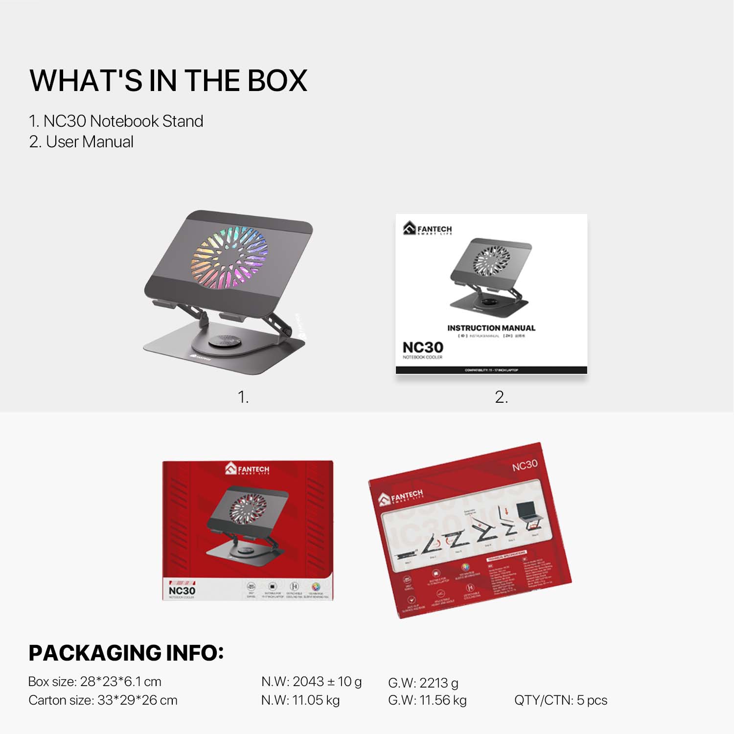 Fantech NC30 Notebook Laptop Cooler RGB Cooling Stand with 360° Rotating Base - Grey